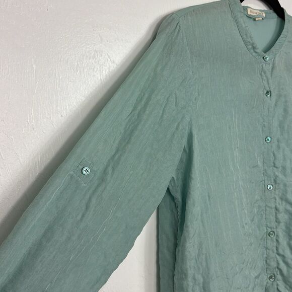 Eileen Fisher Silk Blend Collarless Button Down Shirt In Mint Color Size S - Picture 2 of 10